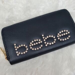 Bebe Black Wallet Clutch Rhinestone Studded Faux Leather Zip-Top